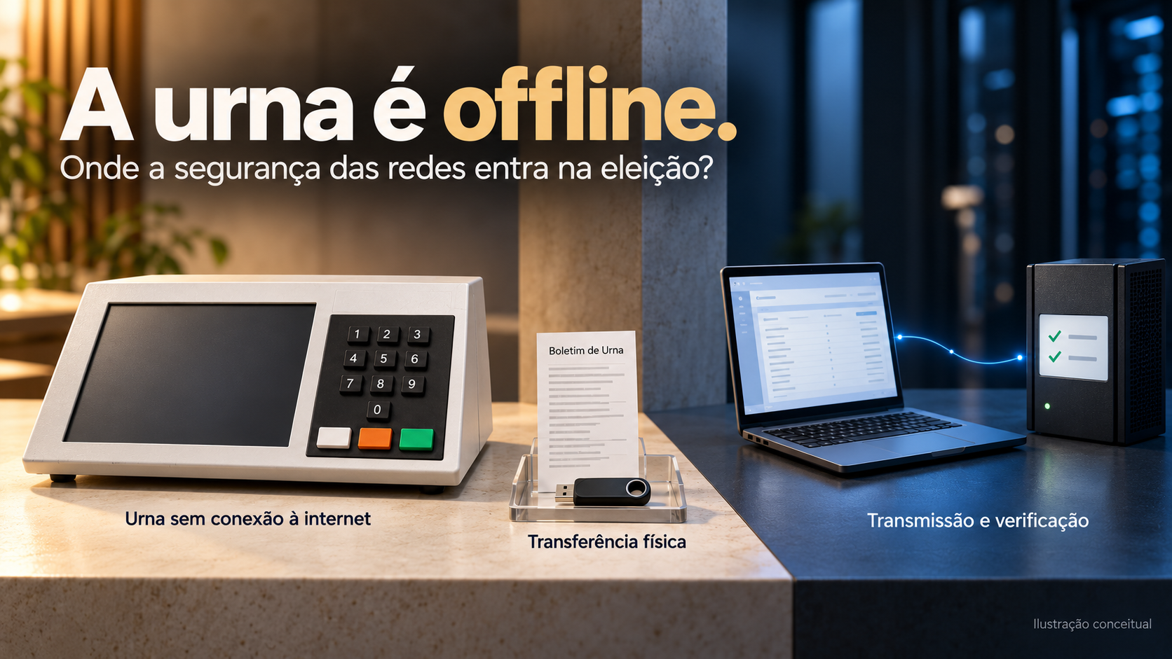 Ilustração conceitual de urna sem conexão de rede, mídia física de resultado e computador separado para transmissão e verificação.